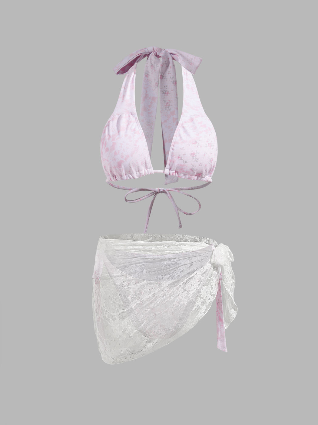 Floral Halter Bikini Set With Lace Sarong