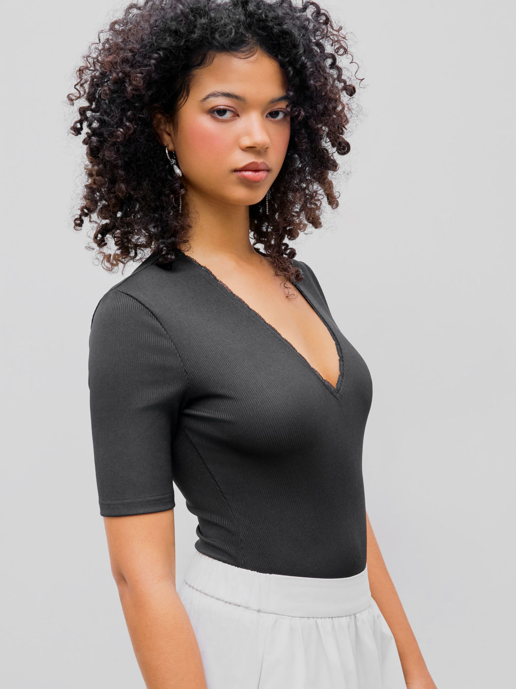 Knit V-neck Solid Lace Bodysuit