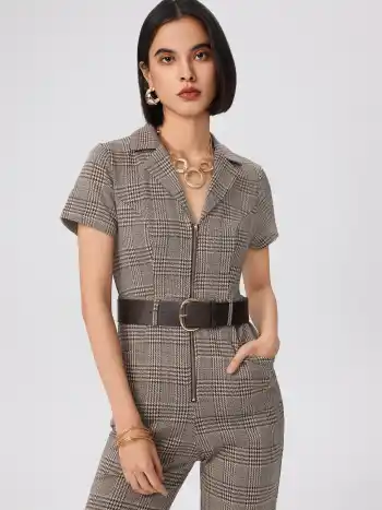 Collar Houndstooth Zipper Jumpsuit With Belt