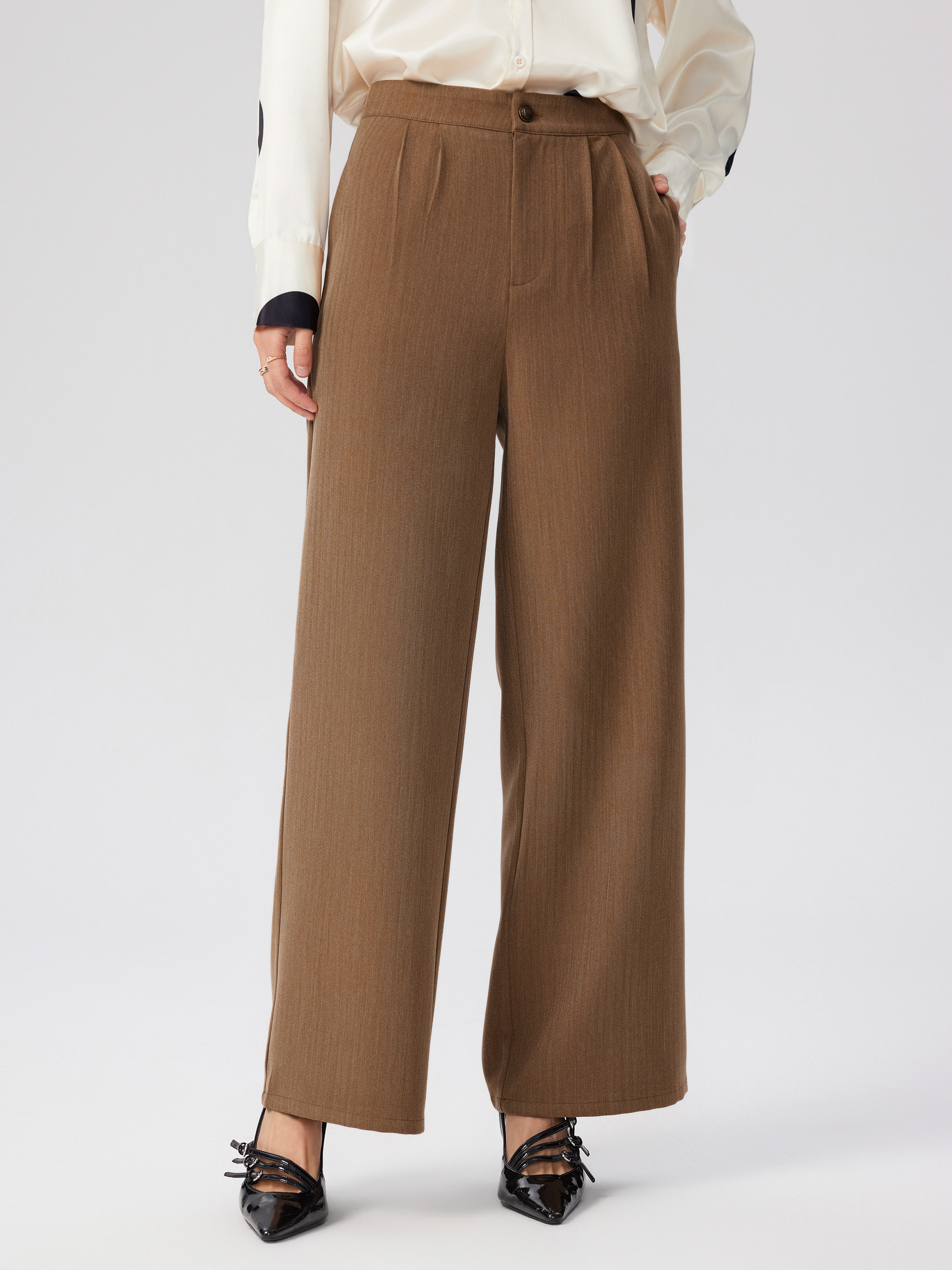 H&H Women's Shirred Waist Wide Leg Pants Brown Mid