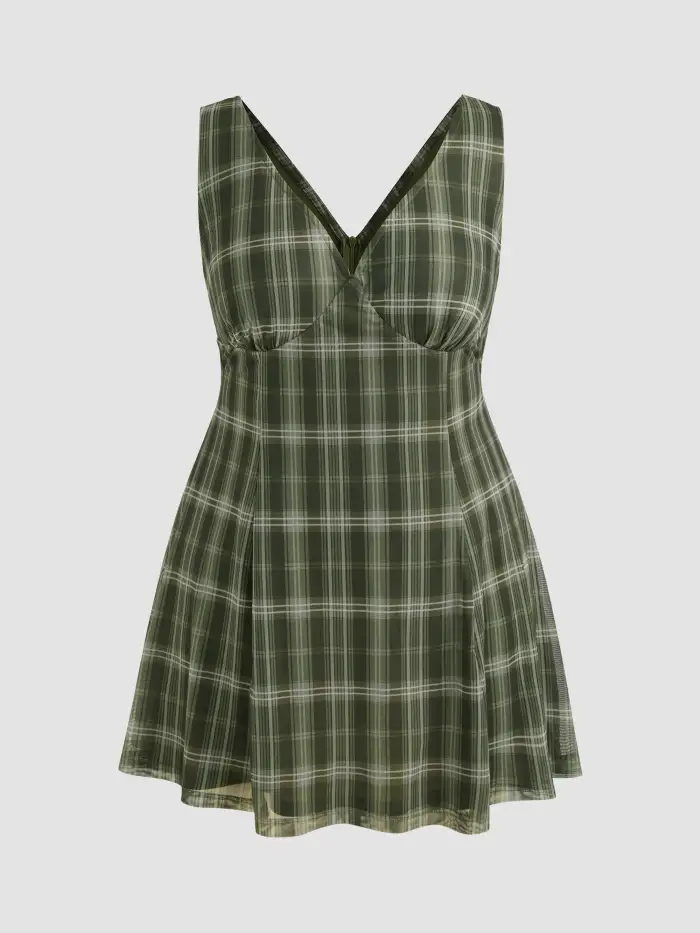 Woven V-neck Check Mini Dress Curve & Plus For School Woven V-neck Check Mini Dress Curve & Plus For School