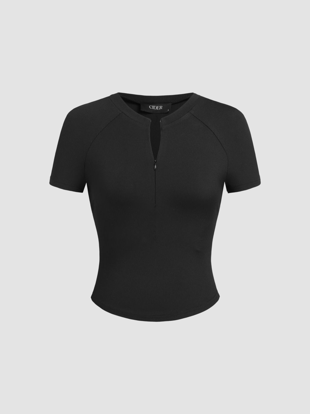 Rib Round Neckline Zipper Short Sleeve Tee
