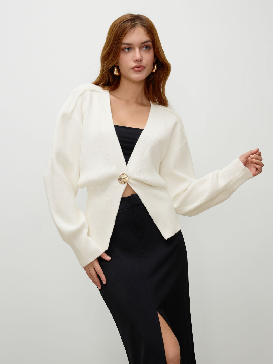 Strick V-Ausschnitt Metallic-Knopf Strickjacke