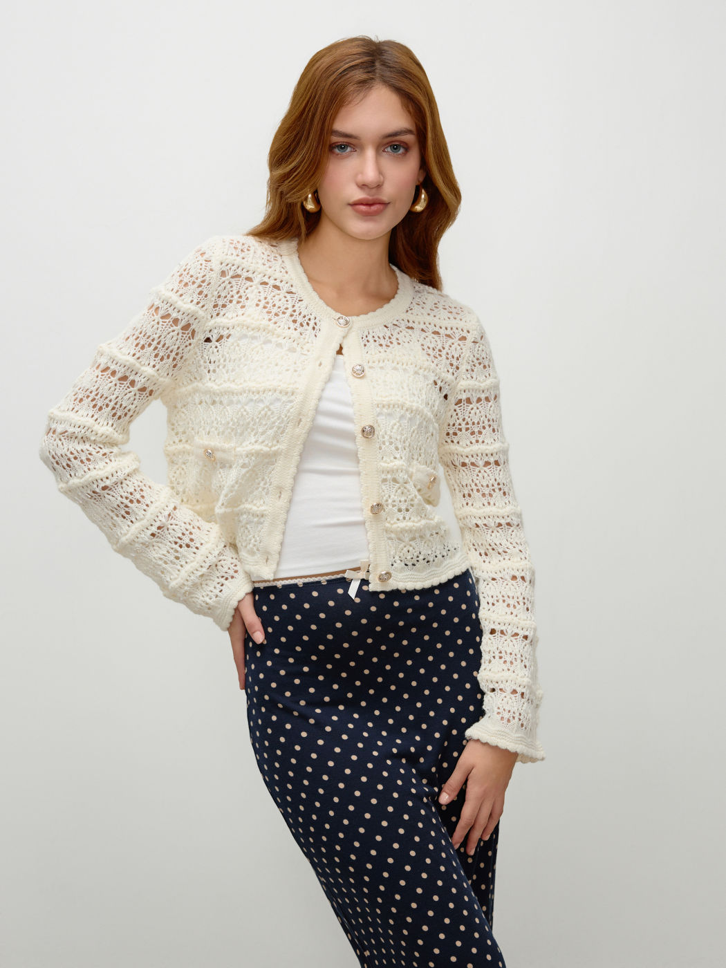 Round Neck Metallic Button Hollow Out Knitted Cardigan
