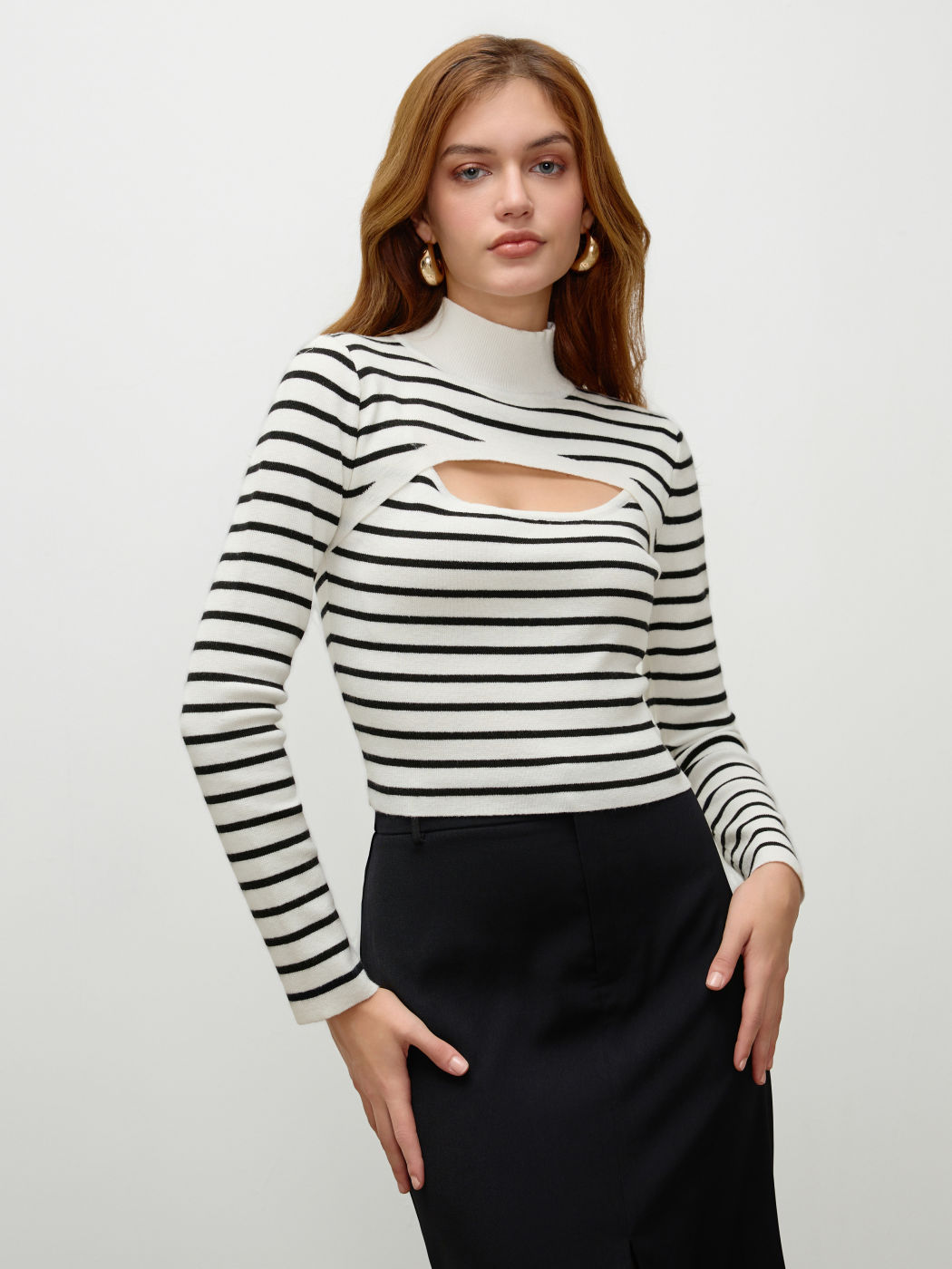 Stand Neck Stripe Cut Out Knitted Crop Long Sleeve Top