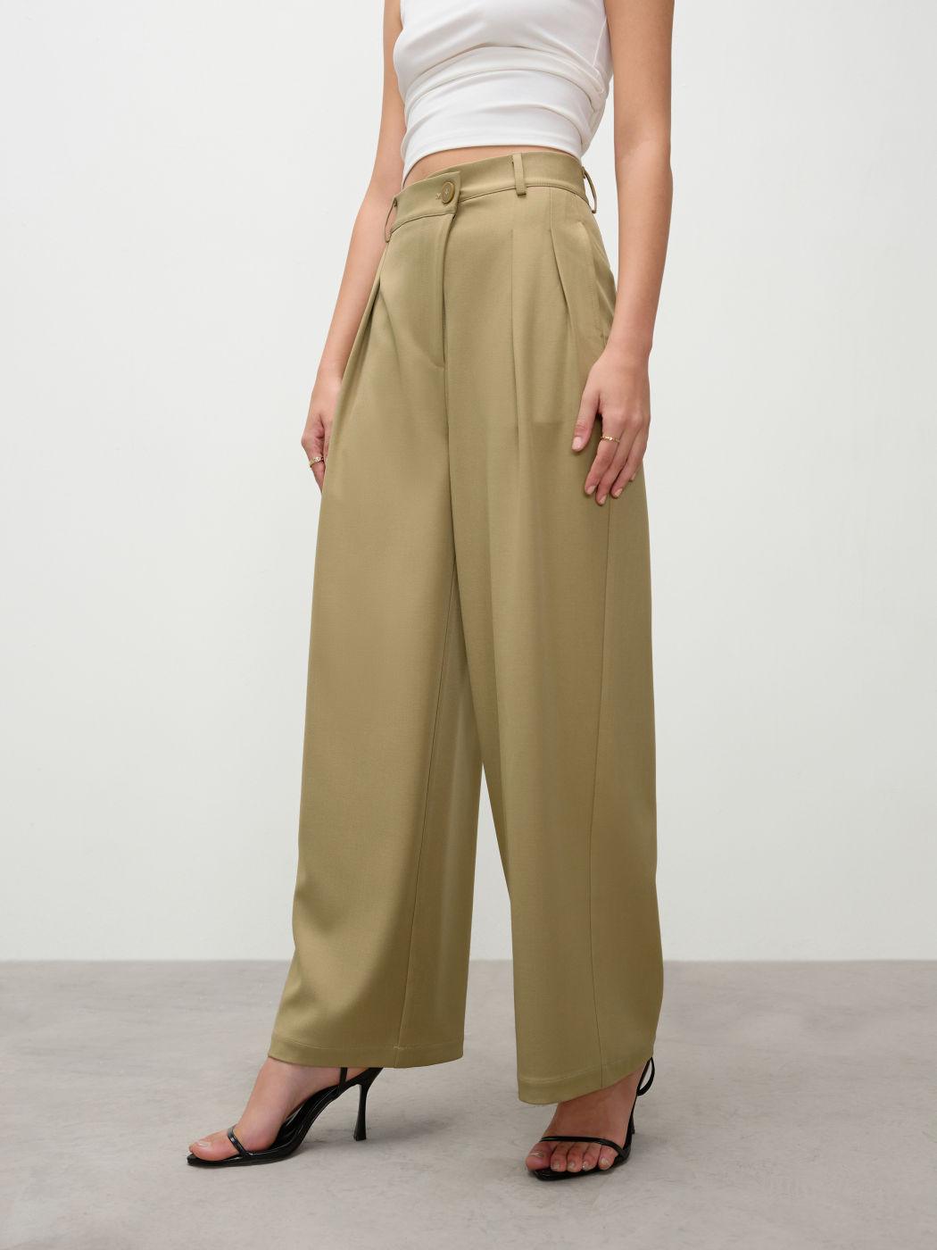 Mid Waist Solid Asymmetrical Pleated Wide Leg Trousers