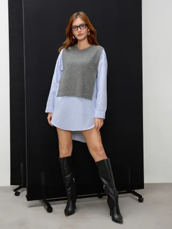 Round Neck Knit Vest Patchy Mini Shirt Dress