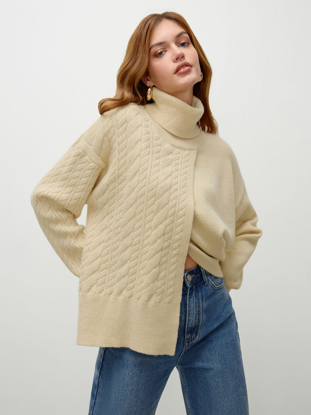 High Neck Asymmetrical Knitted Long Sleeve Top