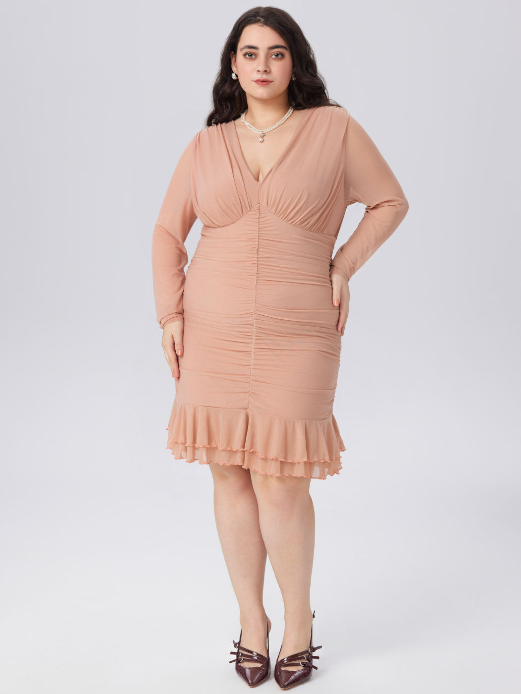 V Neck Ruched Ruffle Mini Dress  Curve & Plus