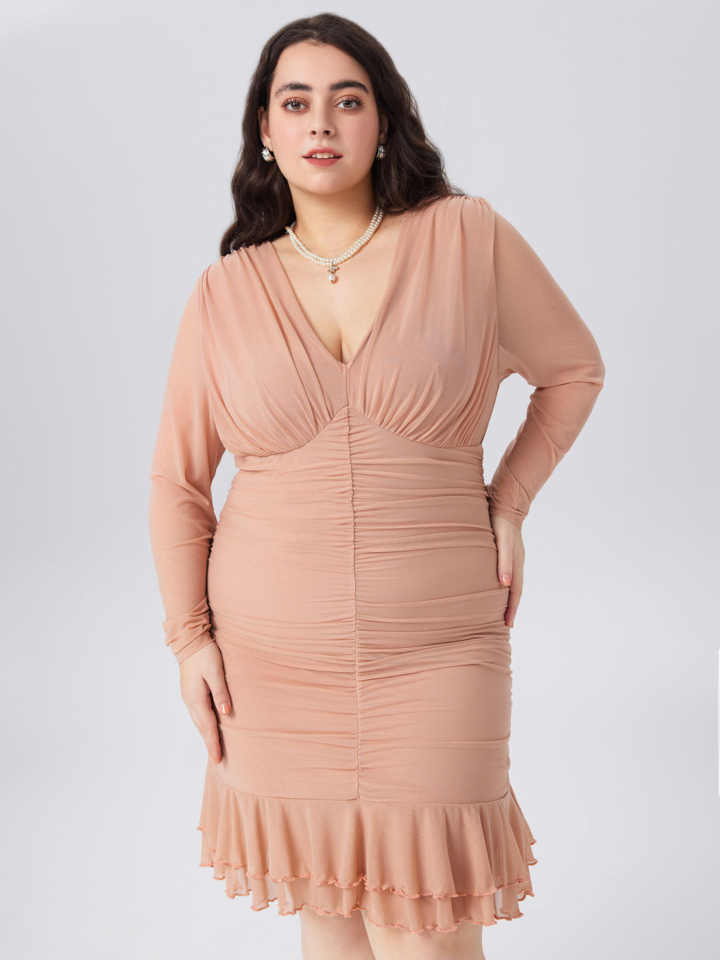 V Neck Ruched Ruffle Mini Dress  Curve & Plus