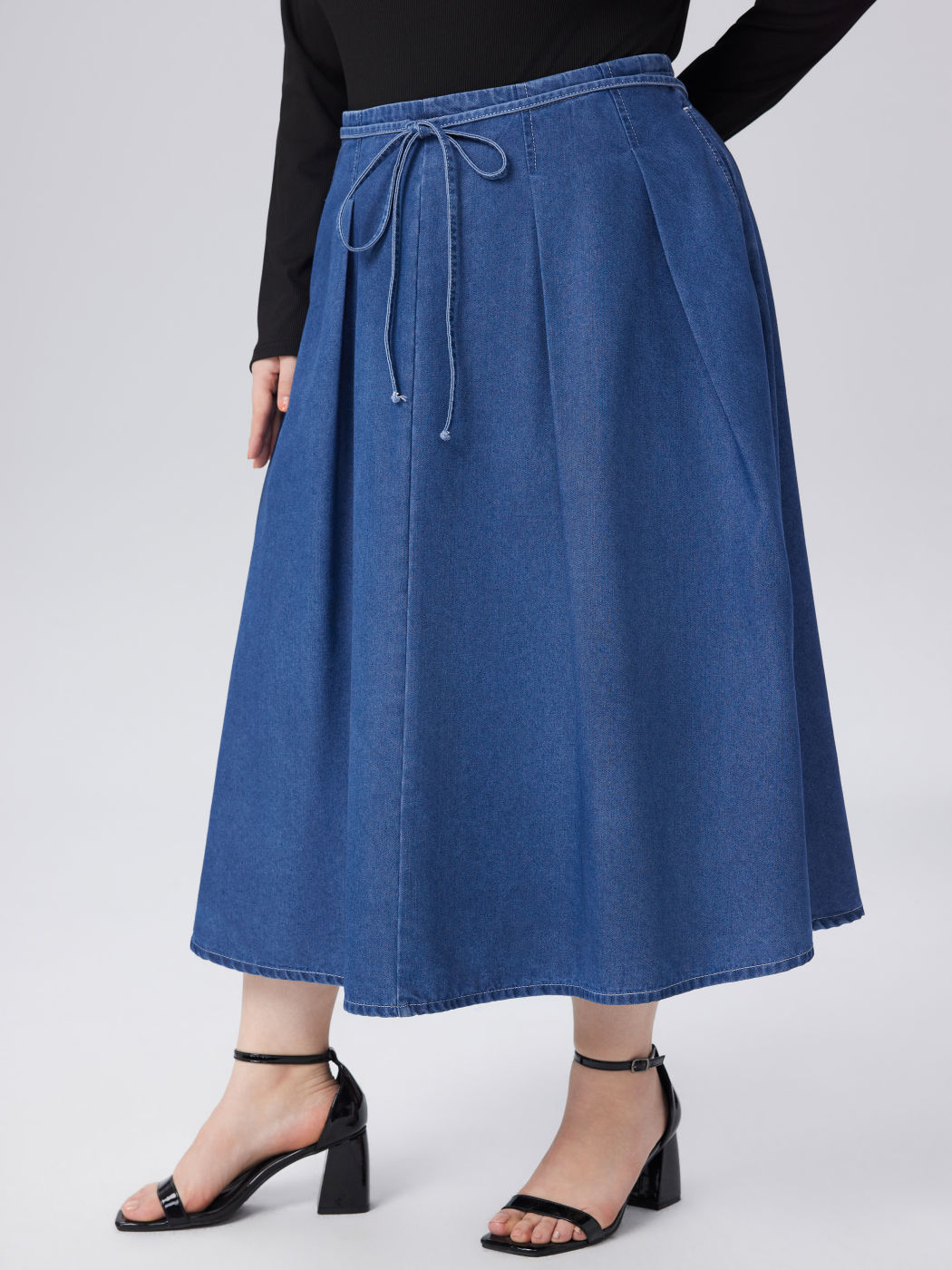 Denim Middle Waist Knotted Ruffle Midi Skirt Curve & Plus