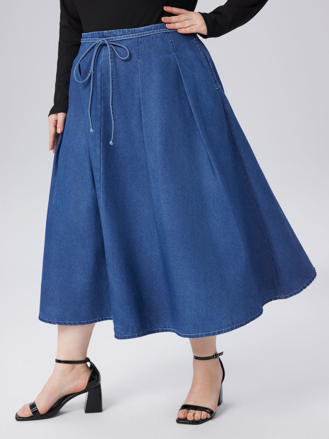 Denim Middle Waist Knotted Ruffle Midi Skirt Curve & Plus