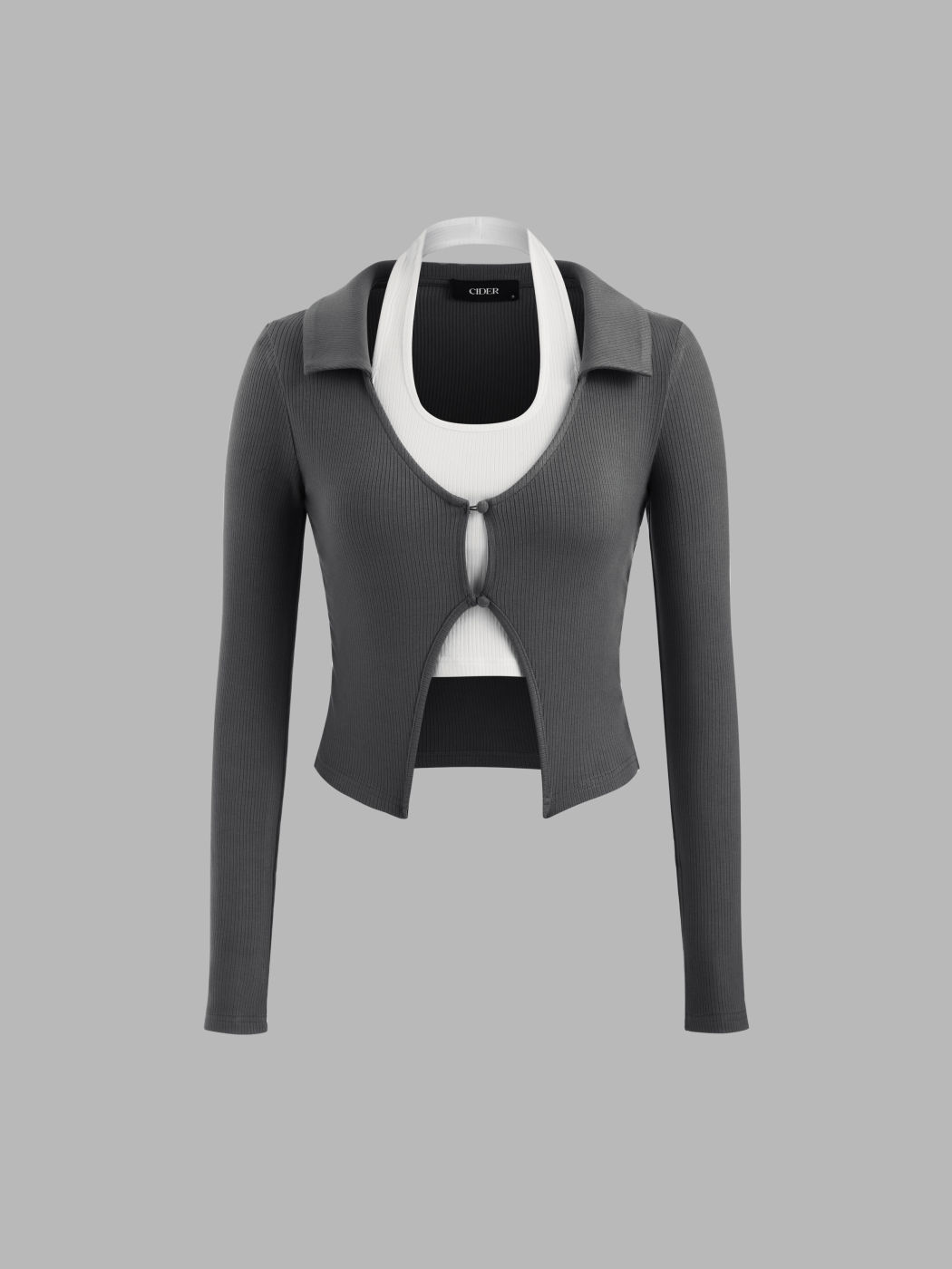 Halter Two Tone Long Sleeve Crop Top