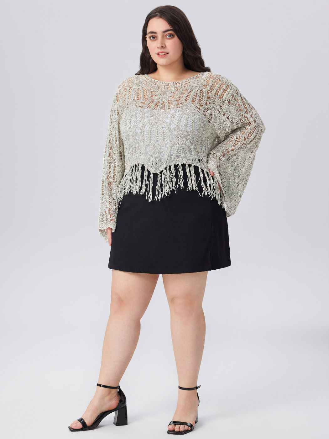 Scollo rotondo Solido con nappe Crop Top a manica lunga Curve & Plus