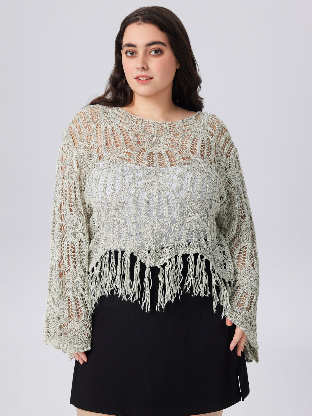 Scollo rotondo Solido con nappe Crop Top a manica lunga Curve & Plus