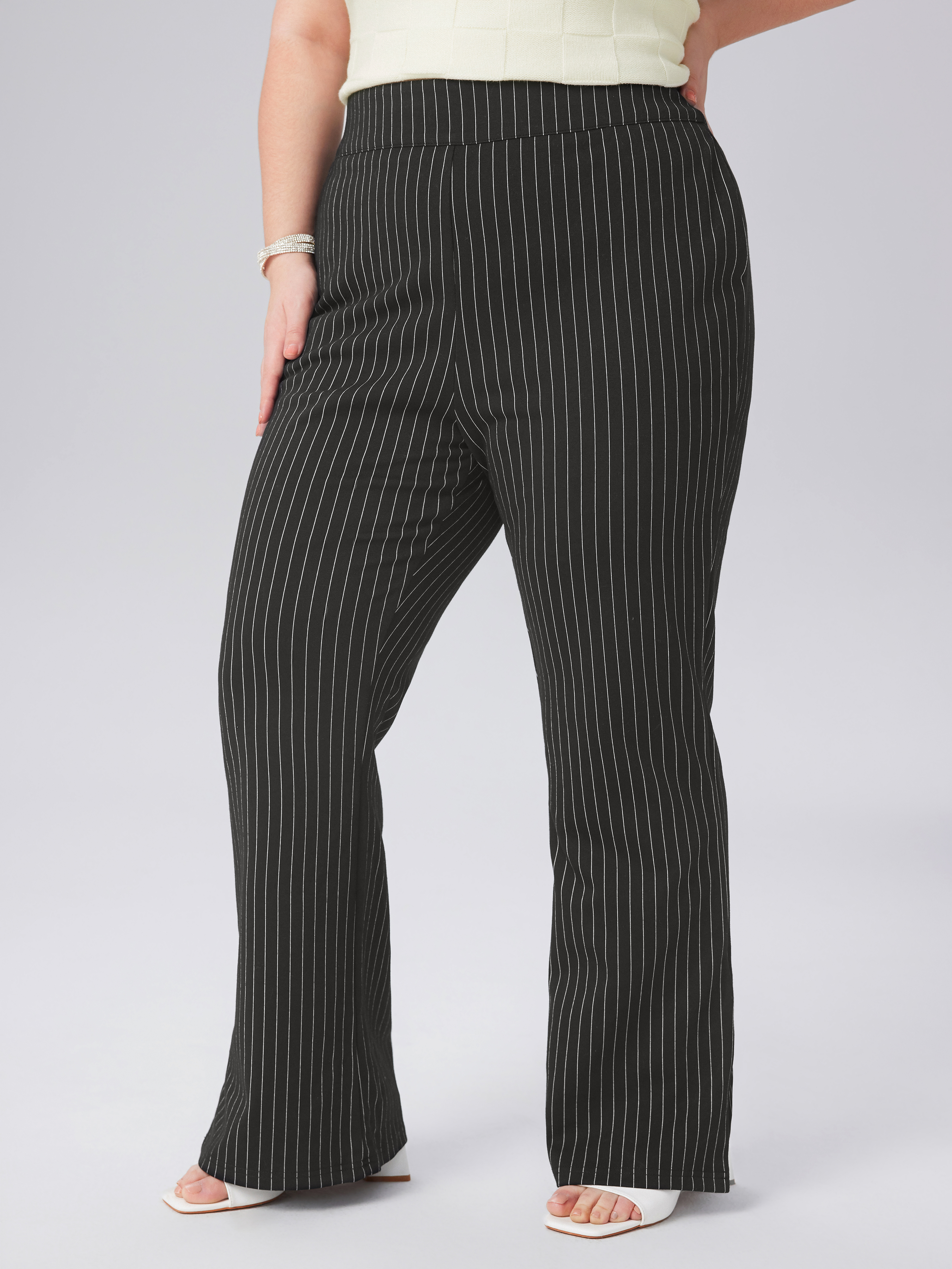 Woven Pinstripe Zipper Split Pocket Flared Trousers Curve Plus For Daily Casual Coffee Shop Work