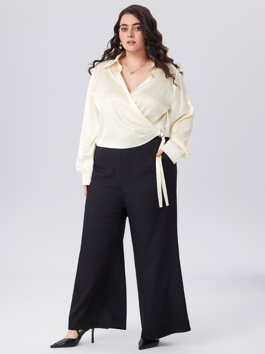 Satin Ruched Collar Long Sleeve Blouse Curve & Plus