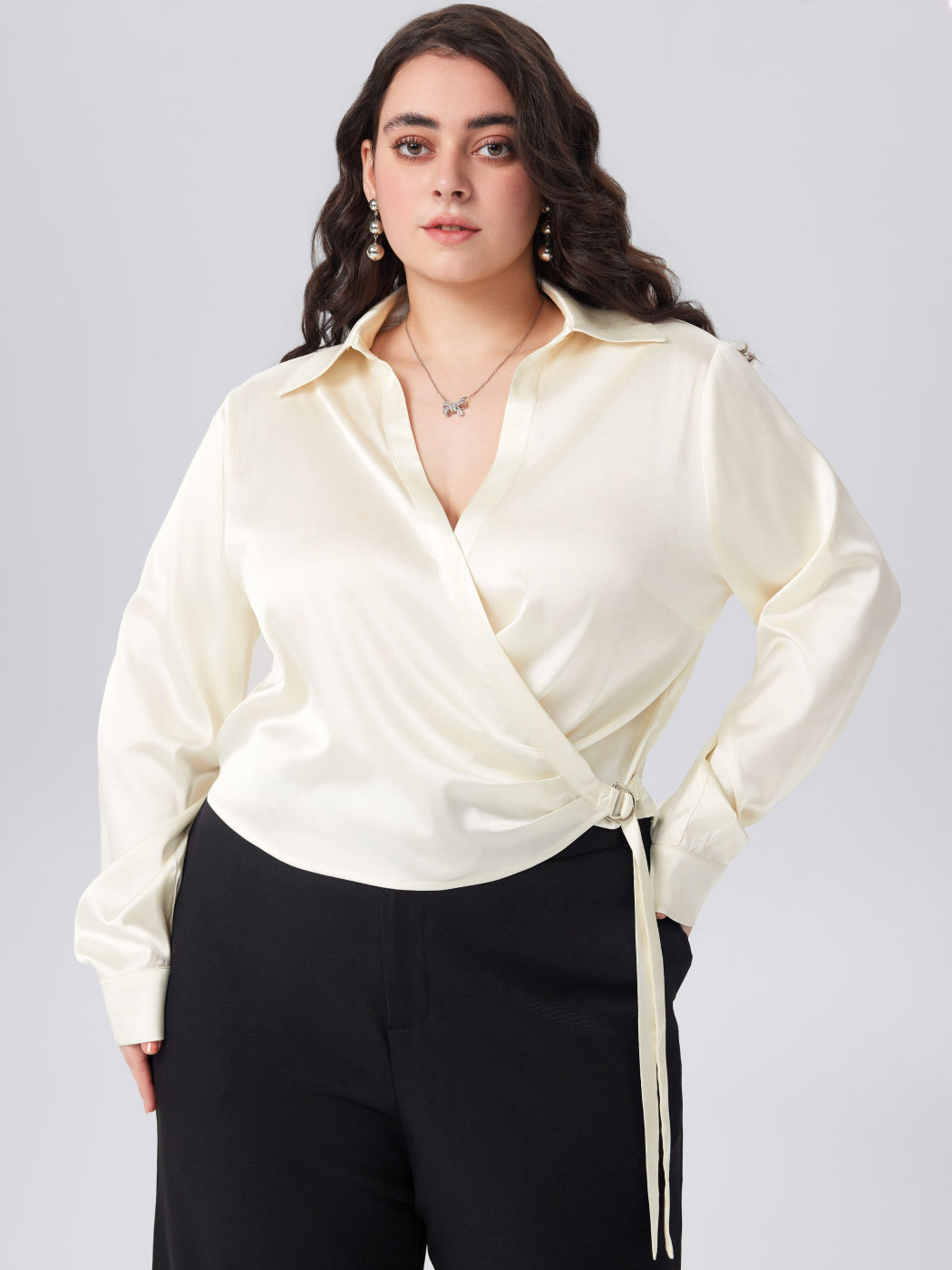 Satin Ruched Collar Long Sleeve Blouse Curve & Plus