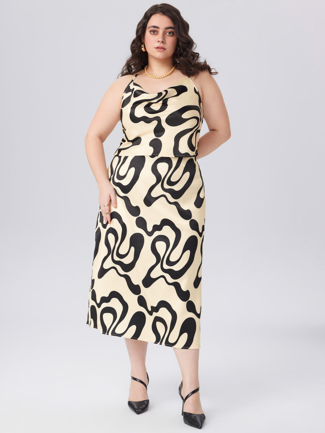 Satin Cowl Neck Abstract Stripe Crop Cami Top & Midi Skirt  Curve & Plus