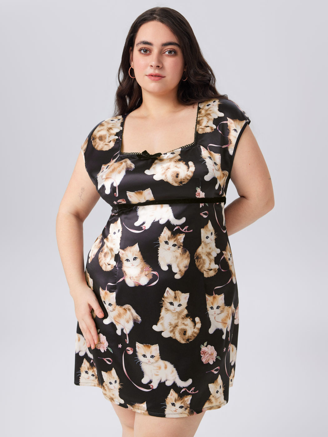 Satin V-neck Cat Bowknot Mini Dress Curve & Plus