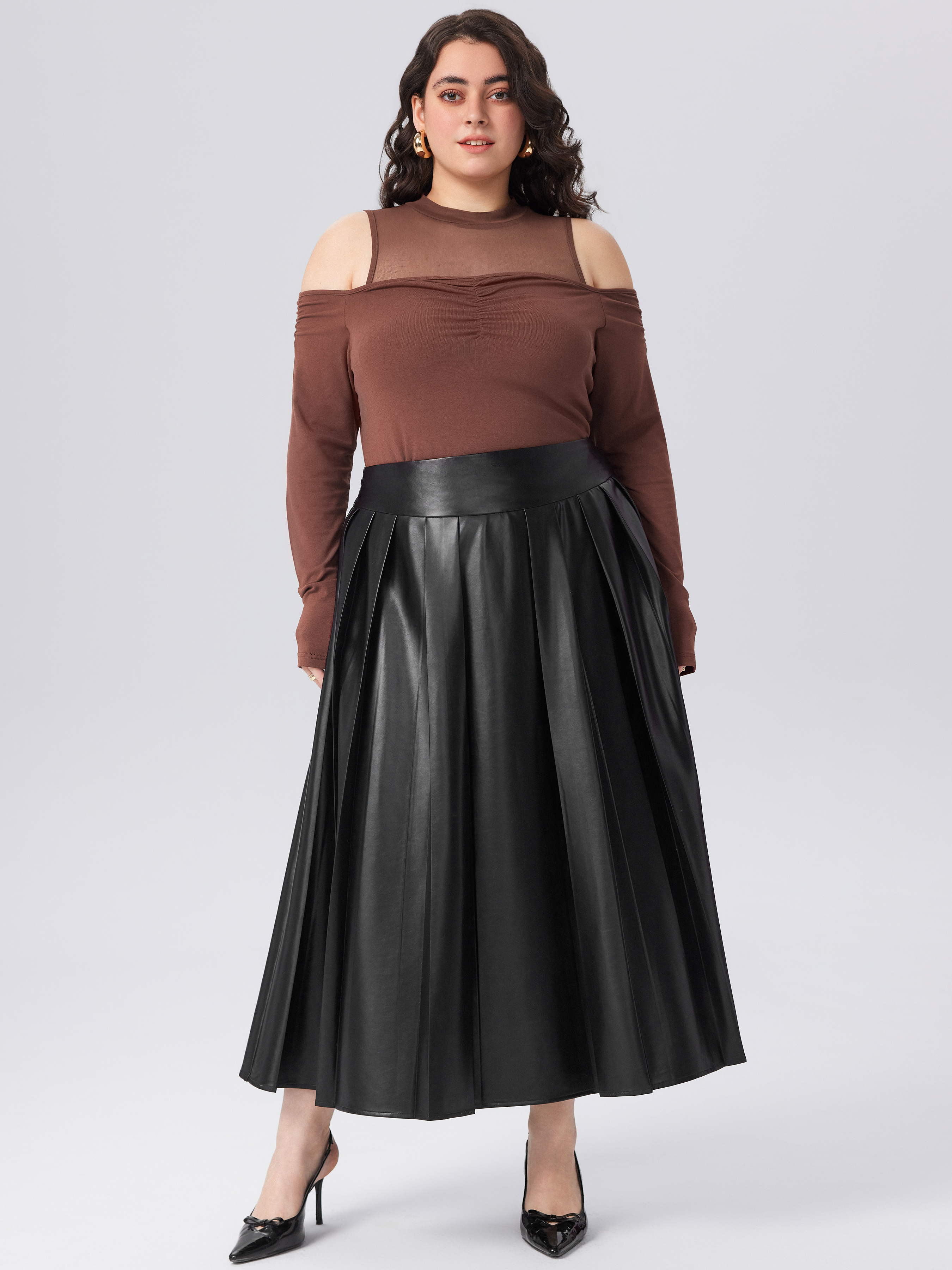 Faux Leather Faux Leather Middle Waist Pleated Zipper Maxi Skirt Curve Plus For Coffee Shop Work