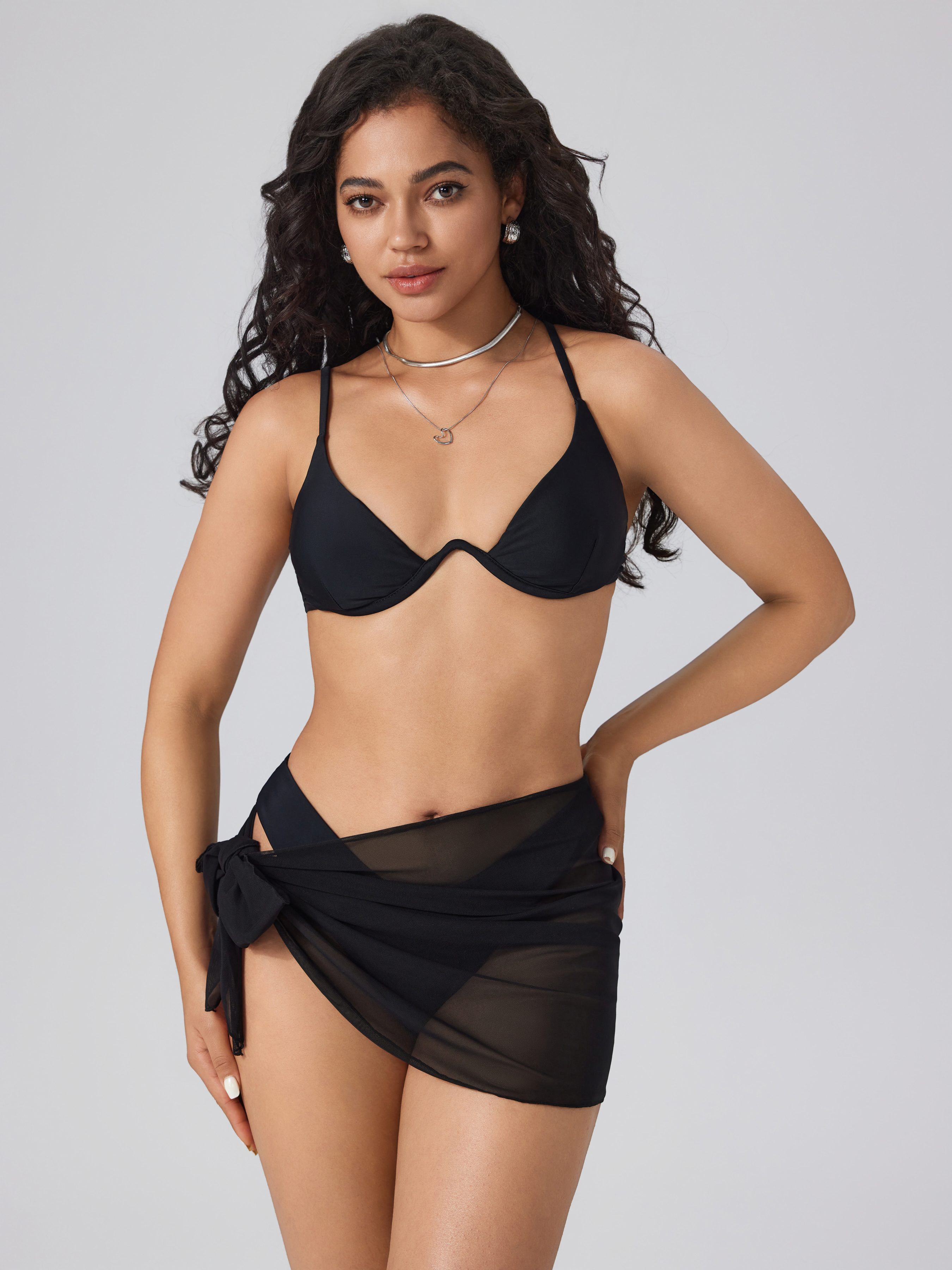 beachwear swimsuits Mesh Jersey 3Pcs Underwire Solid Bikini Set With Mesh Sarong For Vacation Holiday Beach
