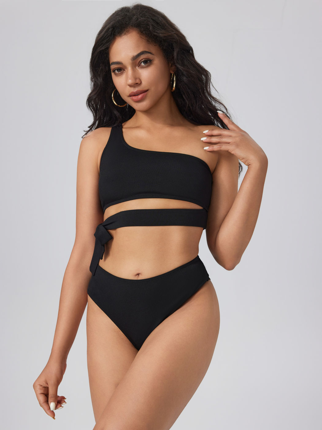 Shaping Rib Solid Bowknot One Shoulder Bikini Set