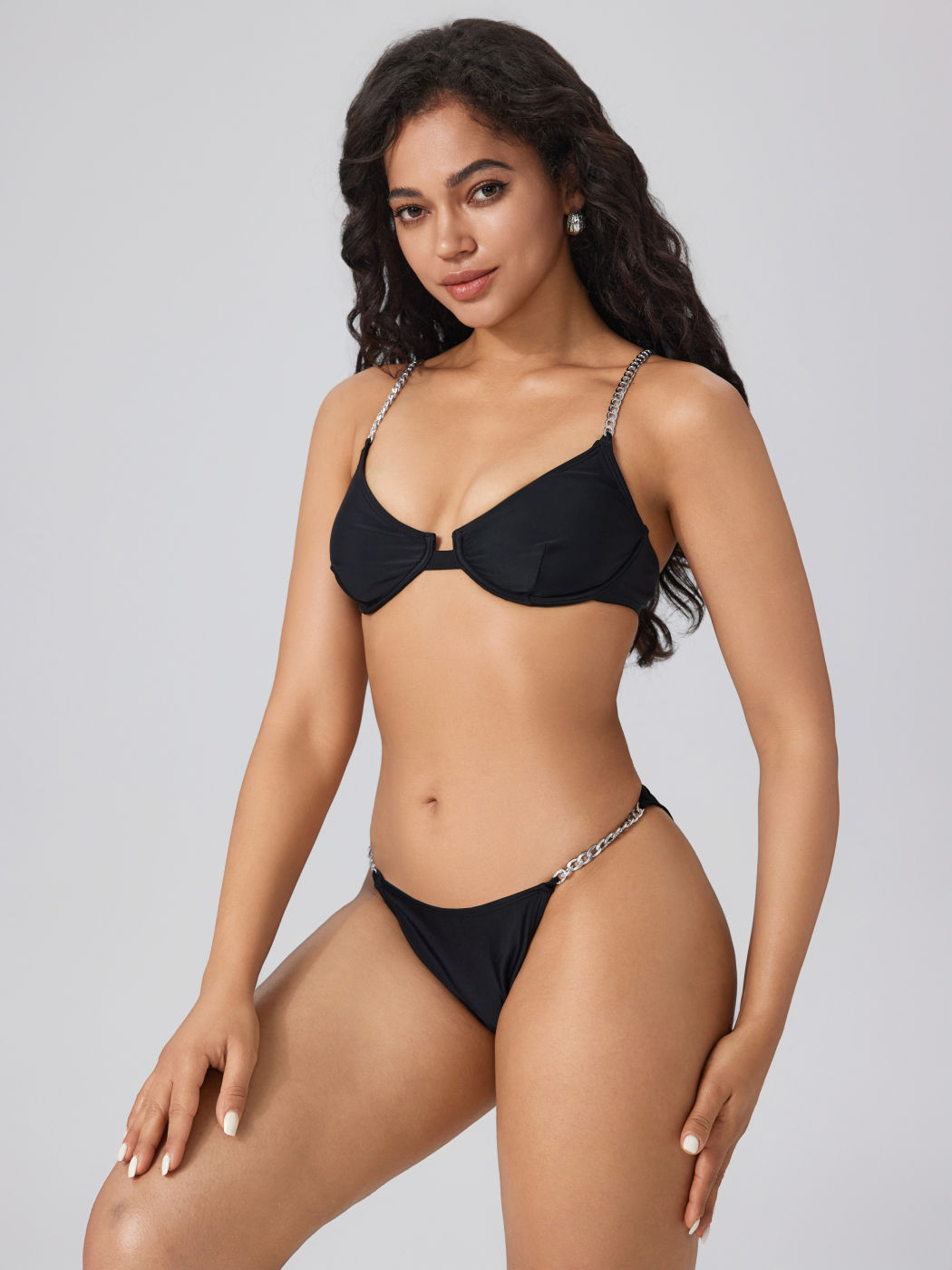  V-Ausschnitt Solid Kette Bikini Set