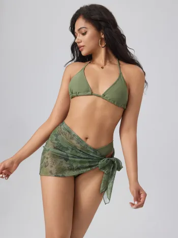Halter Triangle Bikini Set mit Blumen Sarong