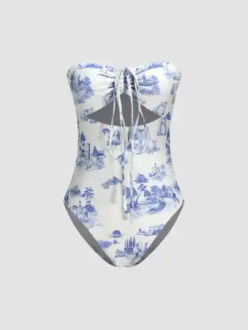Shaping Toile De Jouy Cut Out One Piece Swimsuit