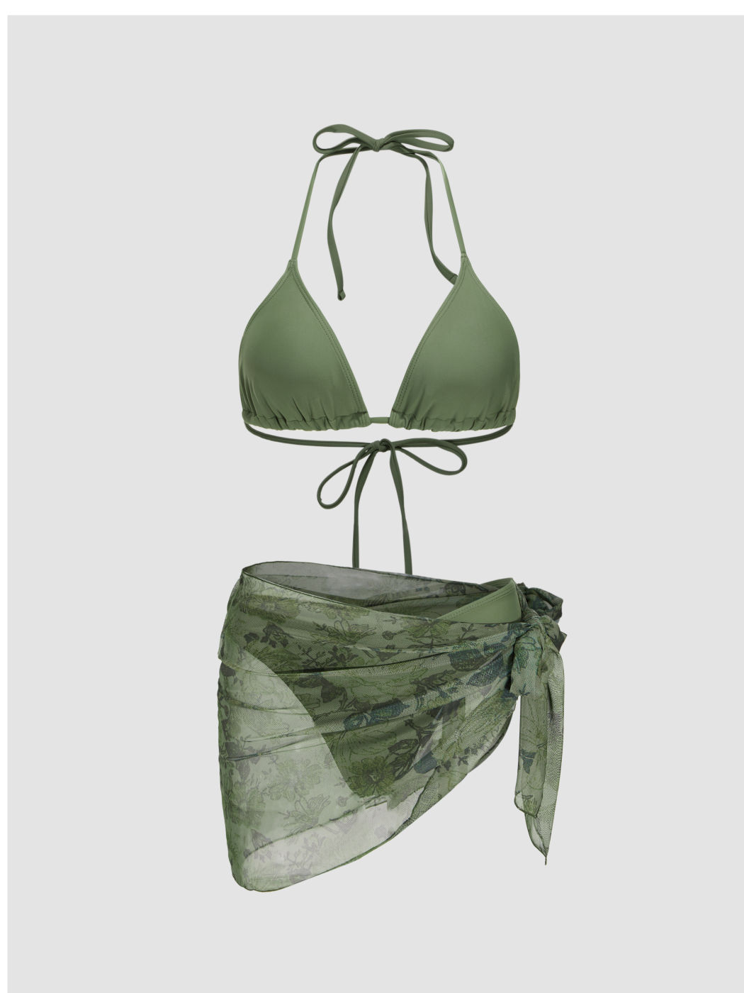 Halter Triangle Bikini Set With Floral Sarong