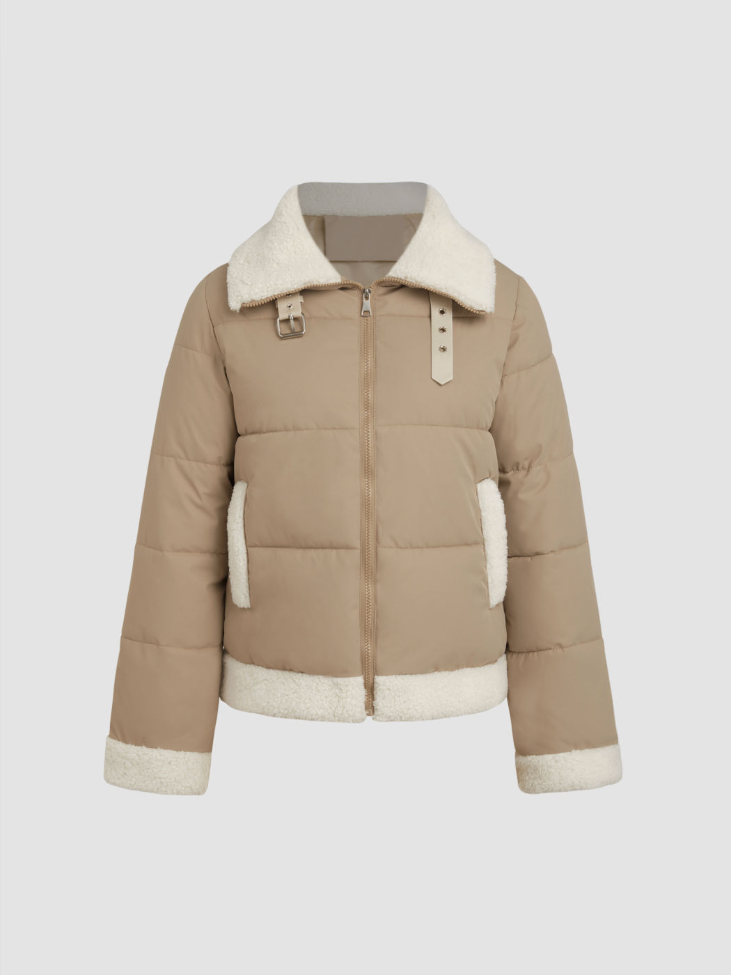  Fleece Schnallenkragen Patchy Reißverschluss Puffer Jacke
