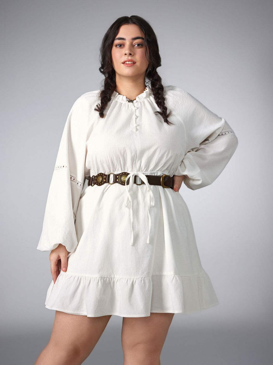 Round Neck Solid Ruffle Mini Dress Curve & Plus