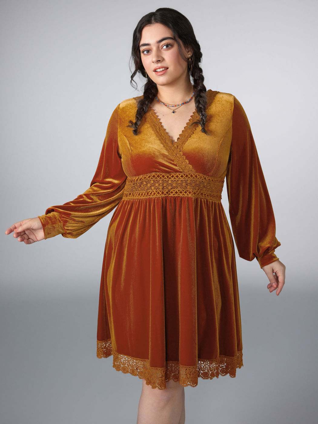 Velvet V-neck Lace Mini Dress Curve & Plus