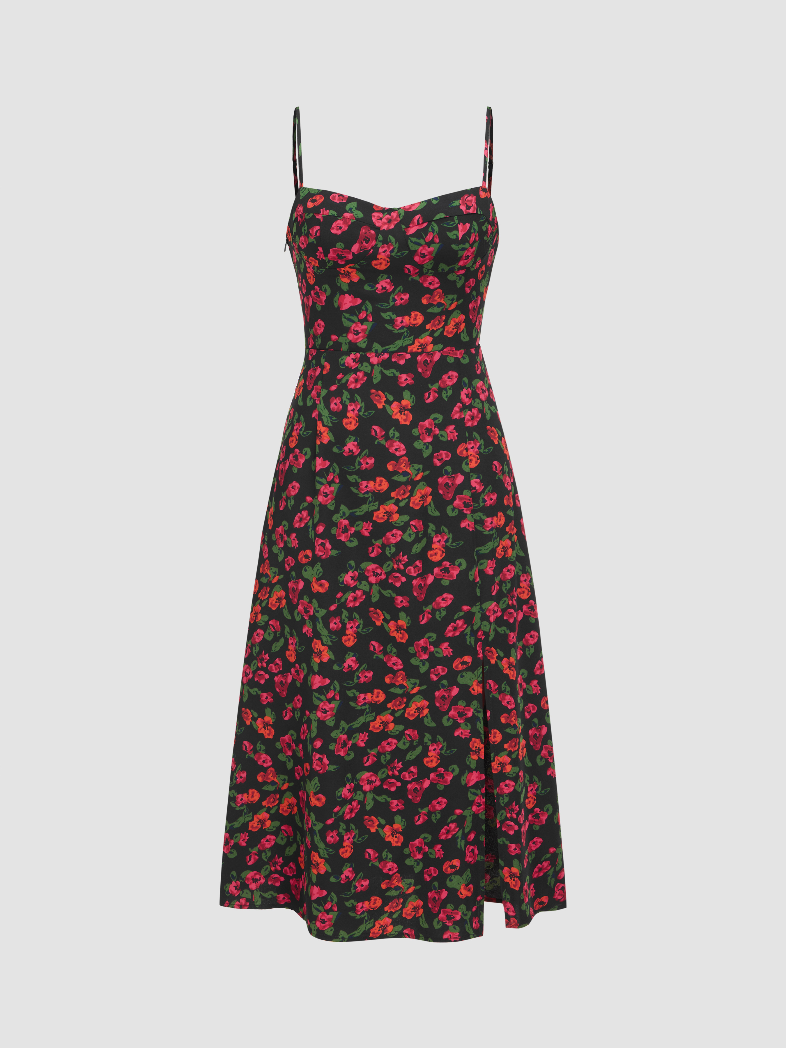 Wedding Guest Dress Coquette Woven Square Neck Floral Split Midi