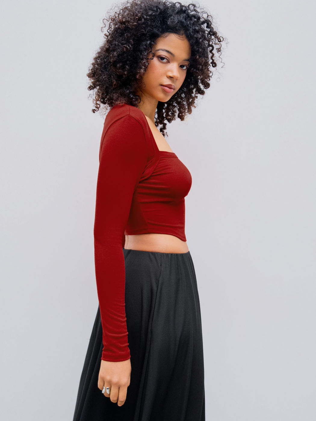 Square Neck Solid Long Sleeve Top