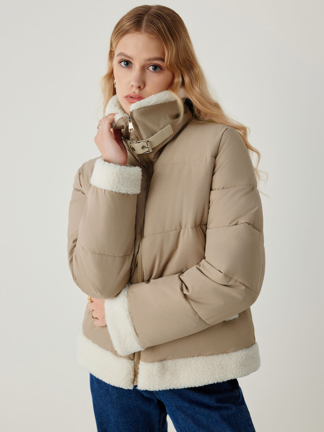 Fleece Buckle Collar  Patchy Zipper Puffer Jacket