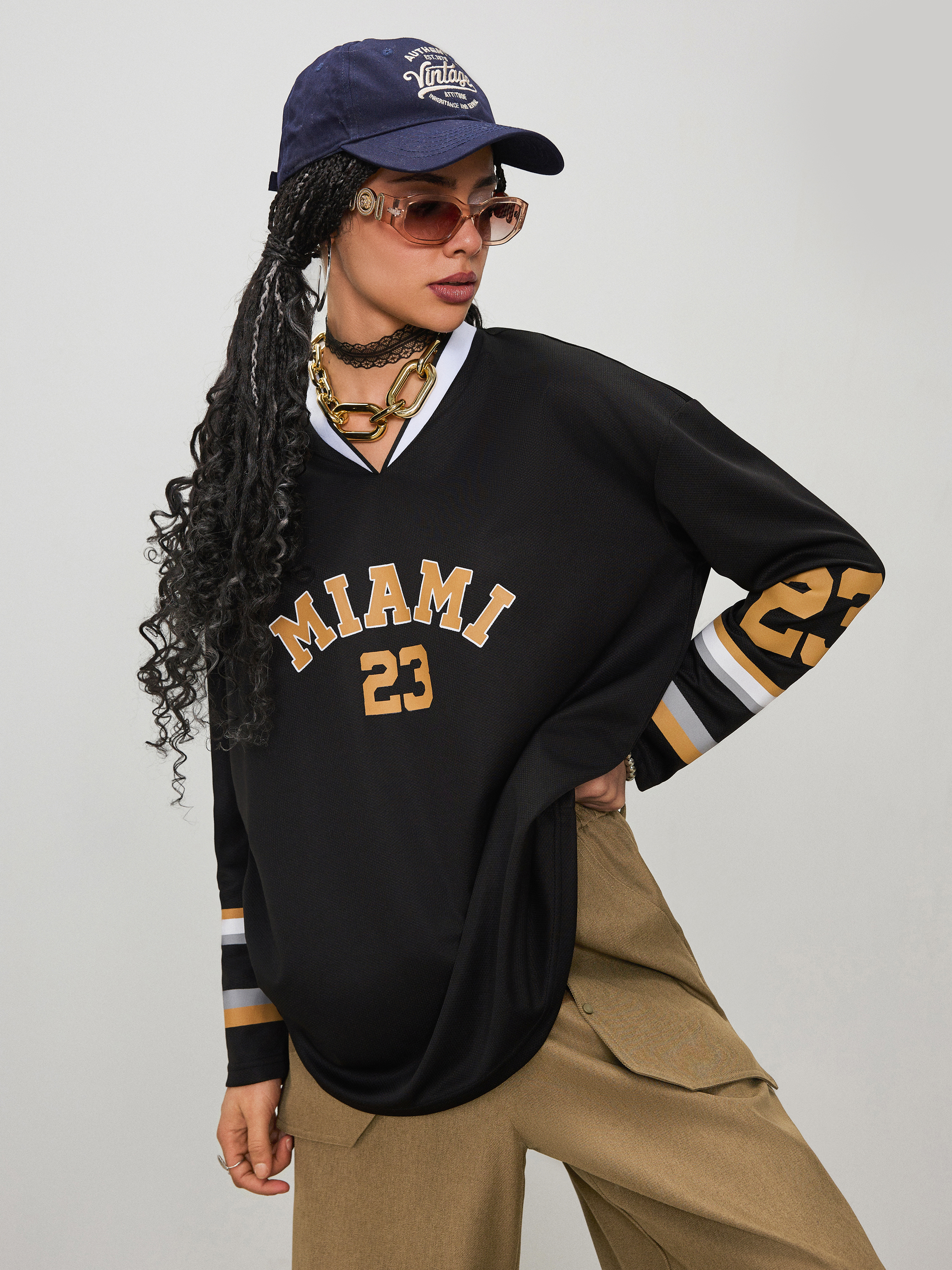 【Cider】miami Vネック ストライプ トップス Miami V-neck Striped Graphic Long Sleeve Top For School Gym