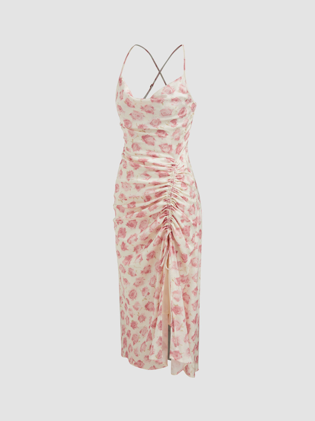 Satin Cowl Neck Floral Drawstring Midi Dress