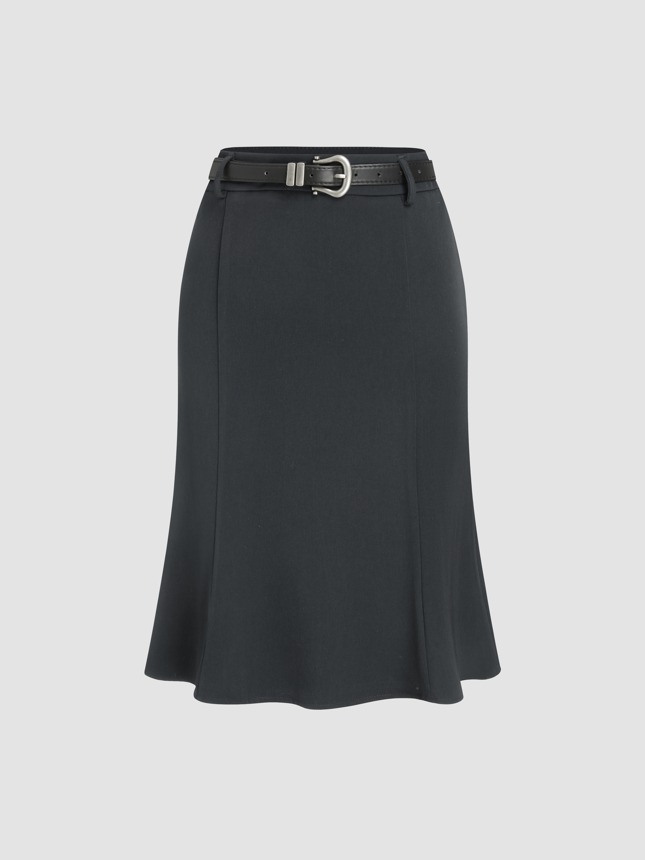 Woven High Rise Solid Midi Skirt With Belt For Outdoor Work
