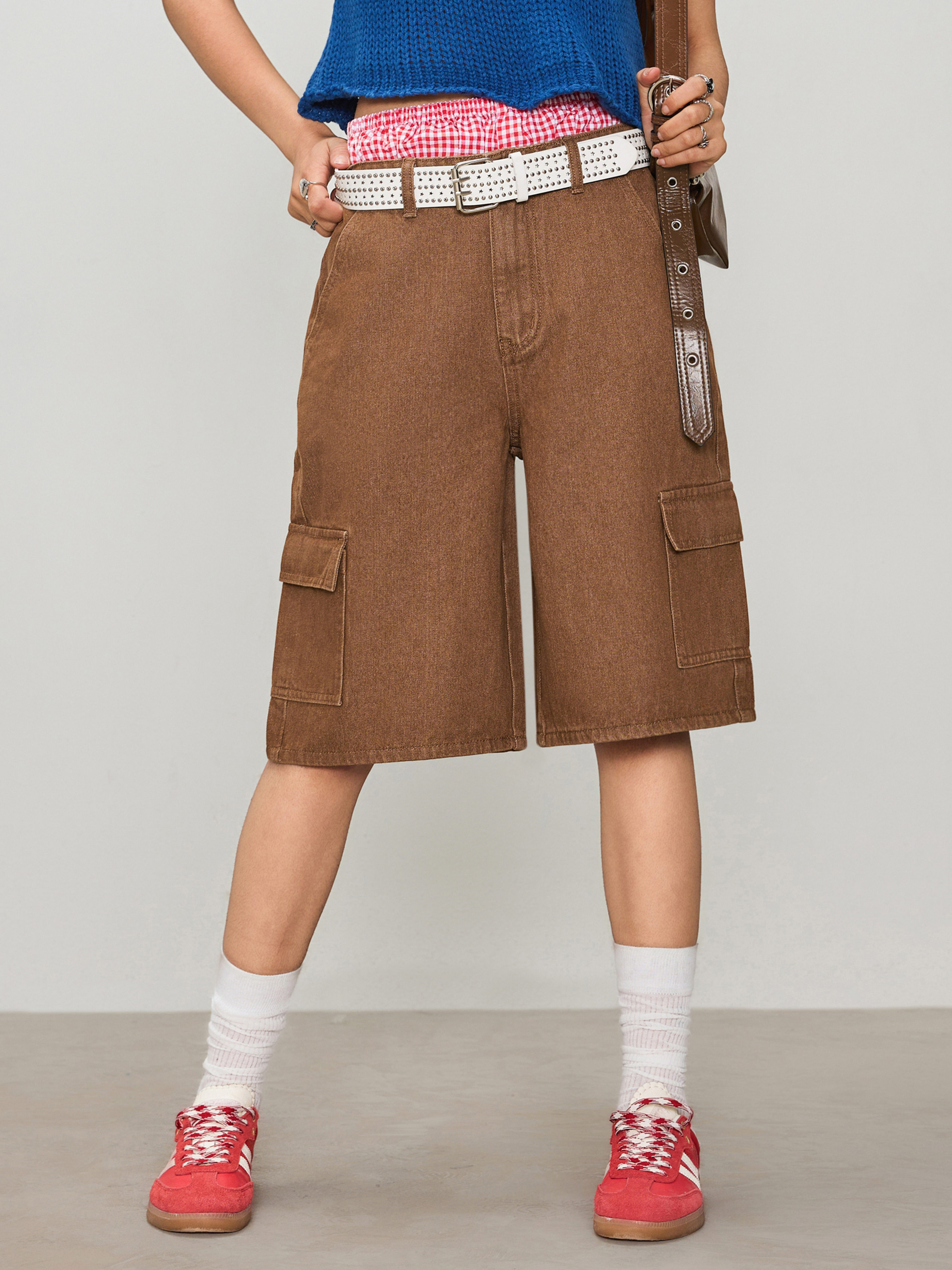 Denim Denim Solid Pocket Cargo Bermuda Shorts For Daily Casual