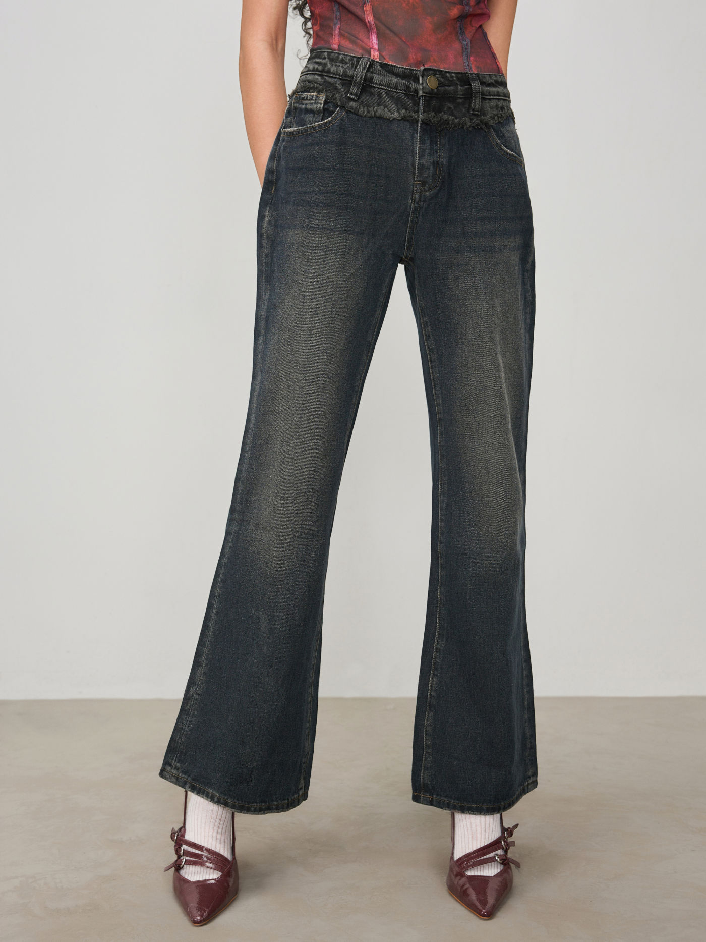 Denim Mid Waist Solid Patchy Flared Jeans
