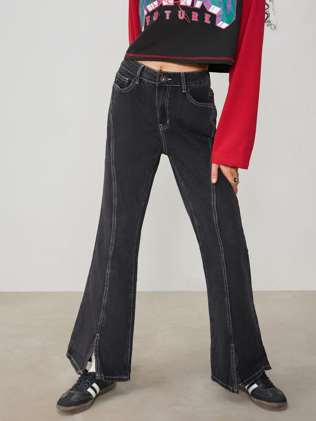 Denim Low Waist Split Flared Jeans