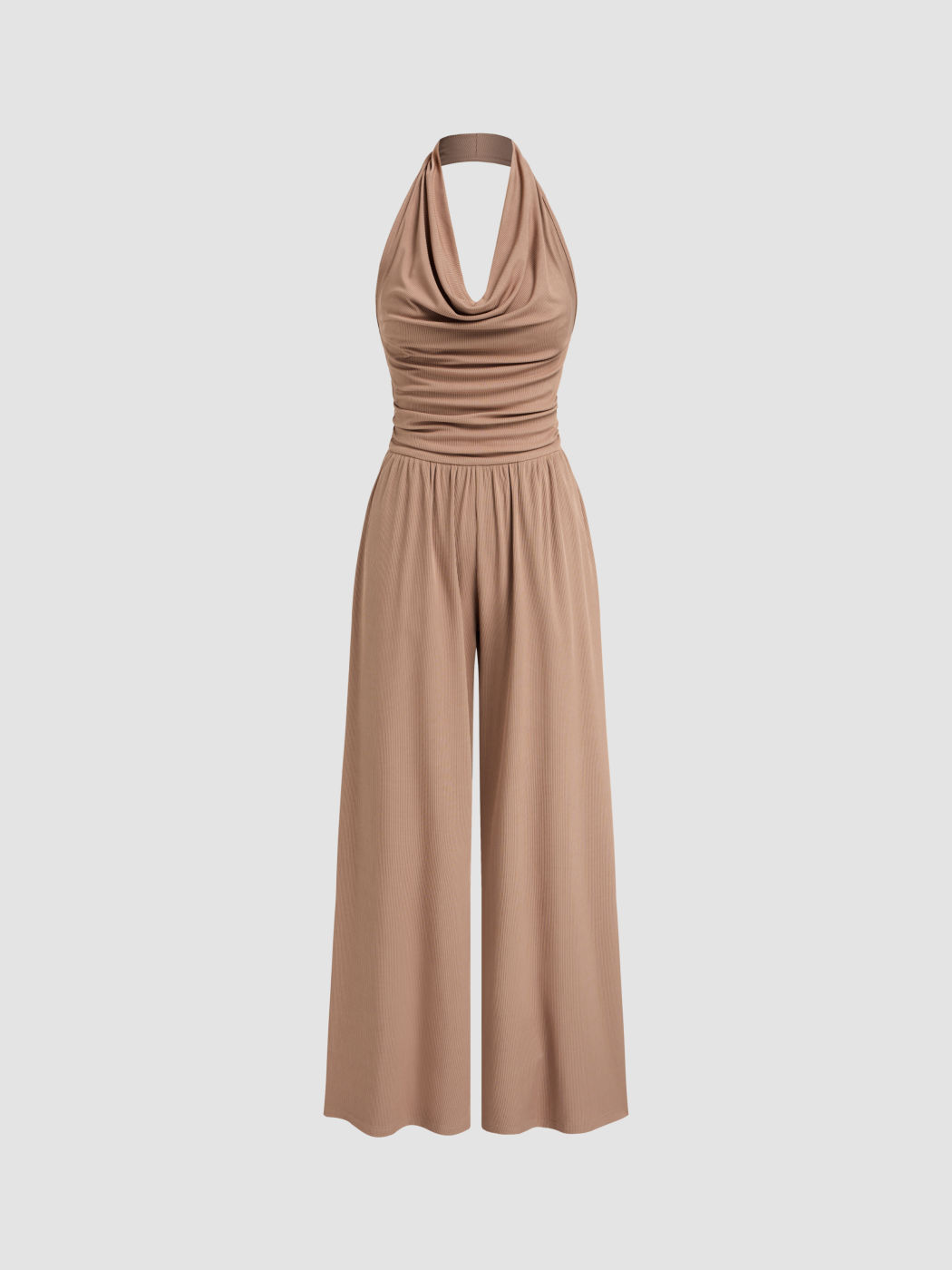 Halter Cowl Neck Ruched Solid Jumpsuit