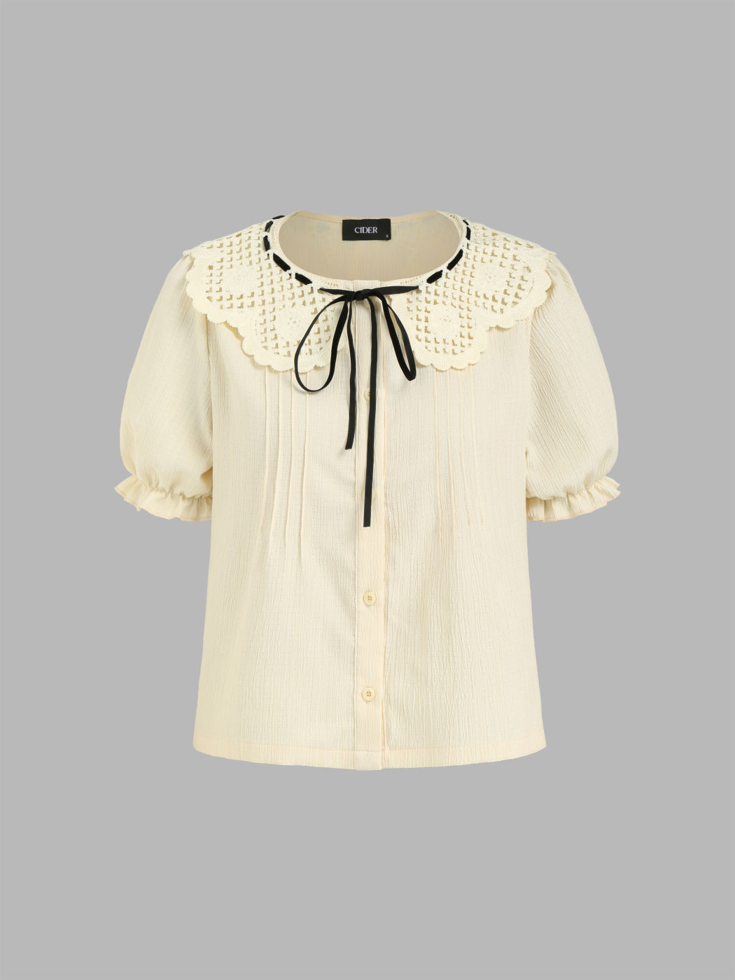 Doll Collar Solid Contrasting Knotted Short Sleeve Blouse