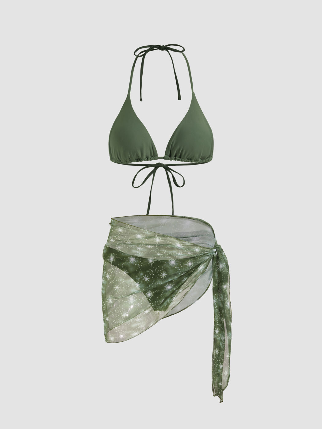 3pack Solid Halter Bikini Swimsuit & Sarong