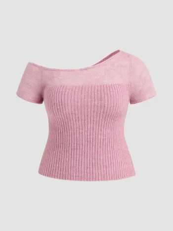  Asymmetrischer Hals Kurzärmlige Strickoberteile Kurve & Plus