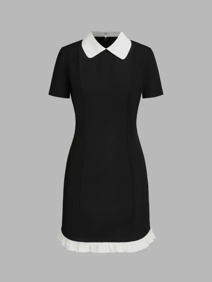 Sun Dresses Woven Collar Contrasting Binding Ruffle Hem Mini Dress For  Daily Casual Date Exhibition Coffee Shop