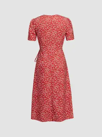 V-neck Ditsy Floral Knotted Midi Dress