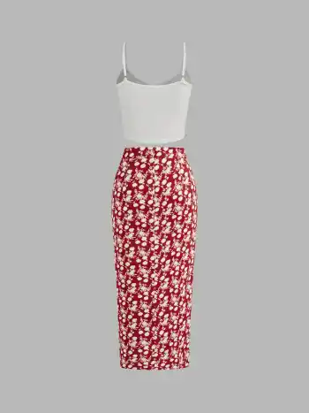 Top Cami a tinta unita e maxi gonna con spacco floreale